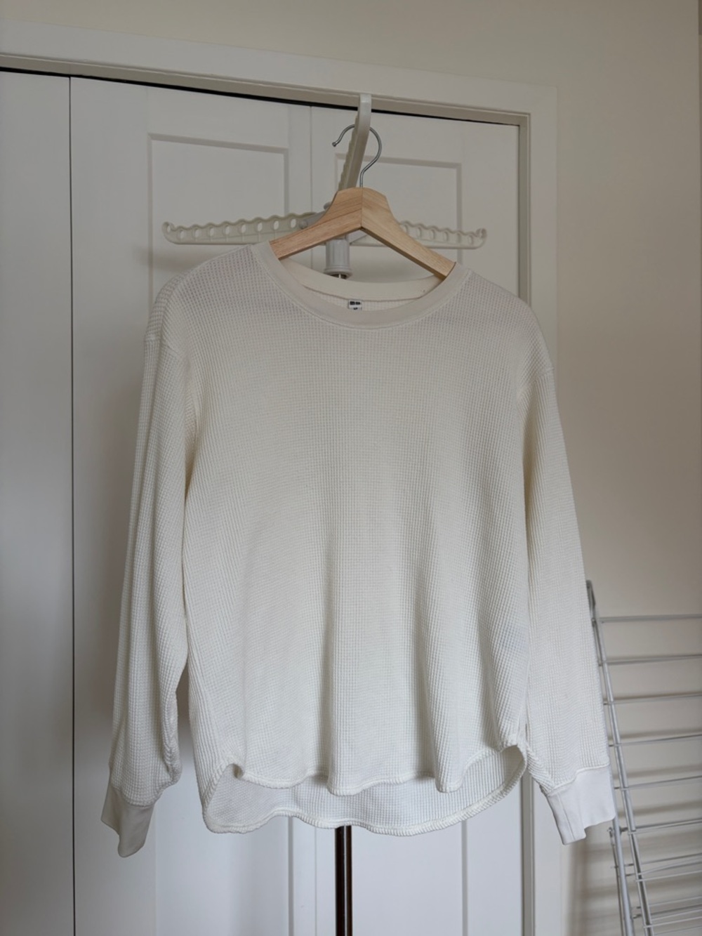 White Uniqlo Waffle Knit Long-Sleeve Shirt